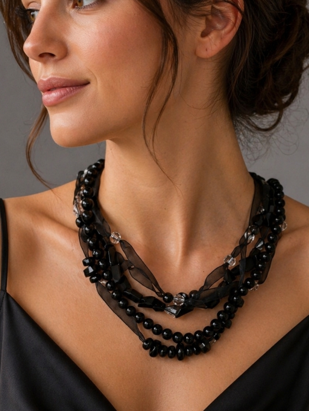 VTG 1990s Black Glass Ribbon Beaded Multi-strand Goth Necklace